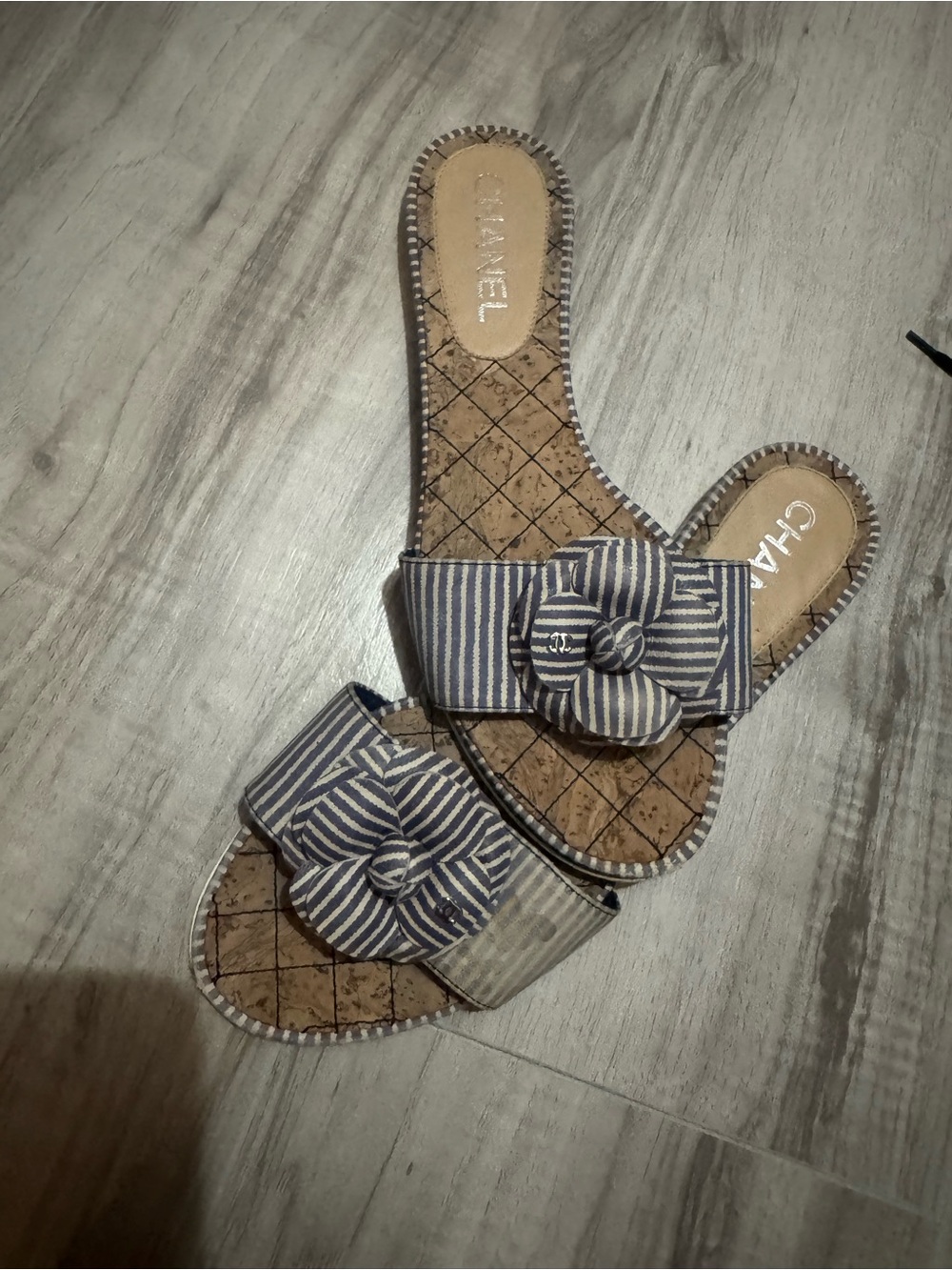 CHANEL Navy and White Striped Camellia Slide Sandals *last weeks for sale*
